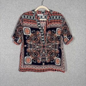 In Style Scarf Print Popover Blouse Large Navy Paisley Boho Medallion Artsy